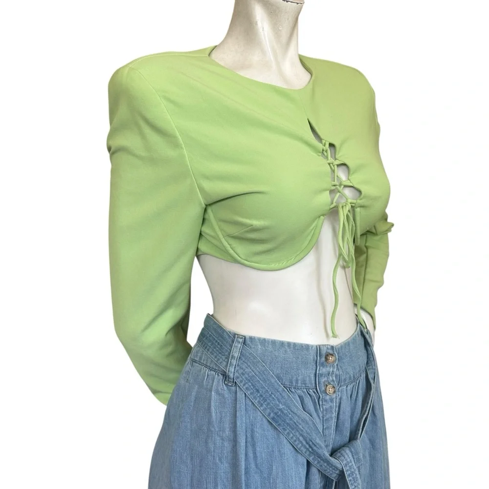Camilo Coelho Laken Green Lace Up Tailored Underwire Crop Top Long Sleeve Small